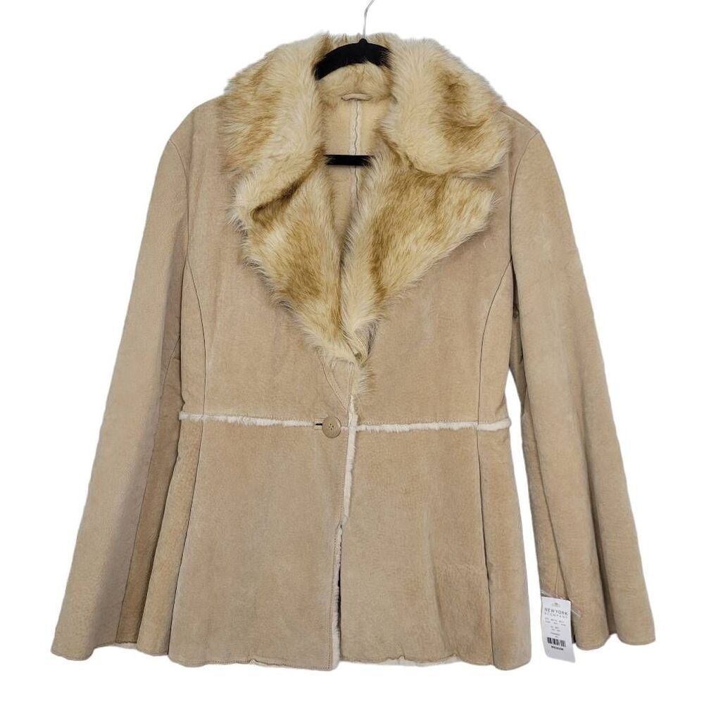 NWT New York & Co Tan Suede Penny Lane Coat‎ Sz M Faux Fur Phoebe Friends Y2K
